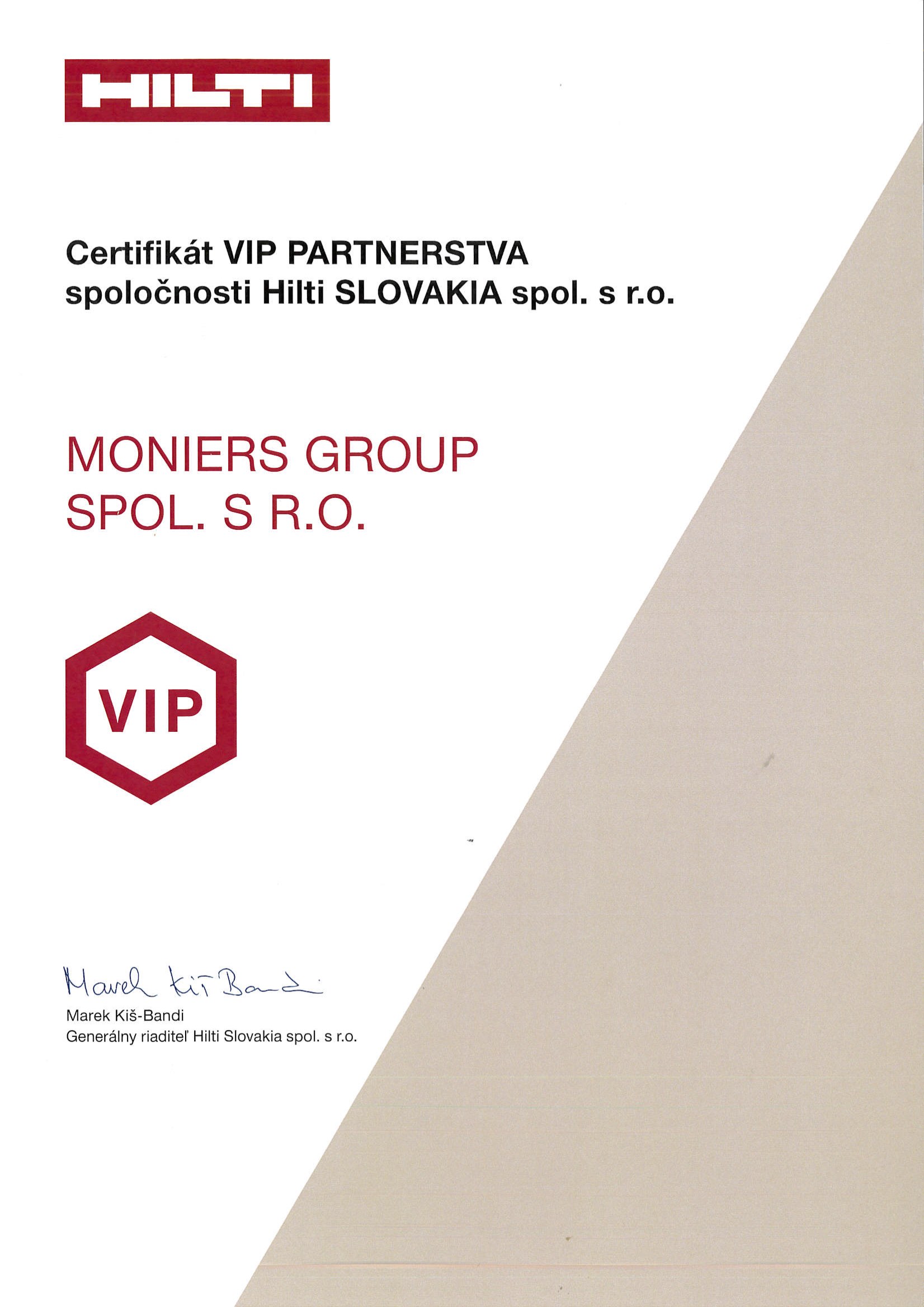Certificate HILTI VIP PARTNER